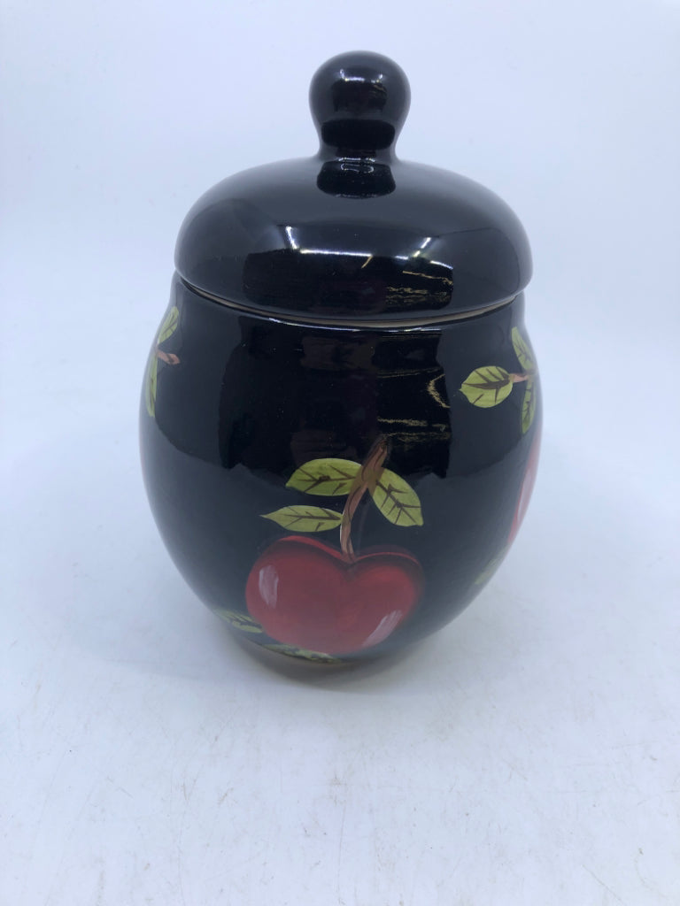 3 BLACK CANISTERS W/ PAINTED RED APPLES/BRANCHES.