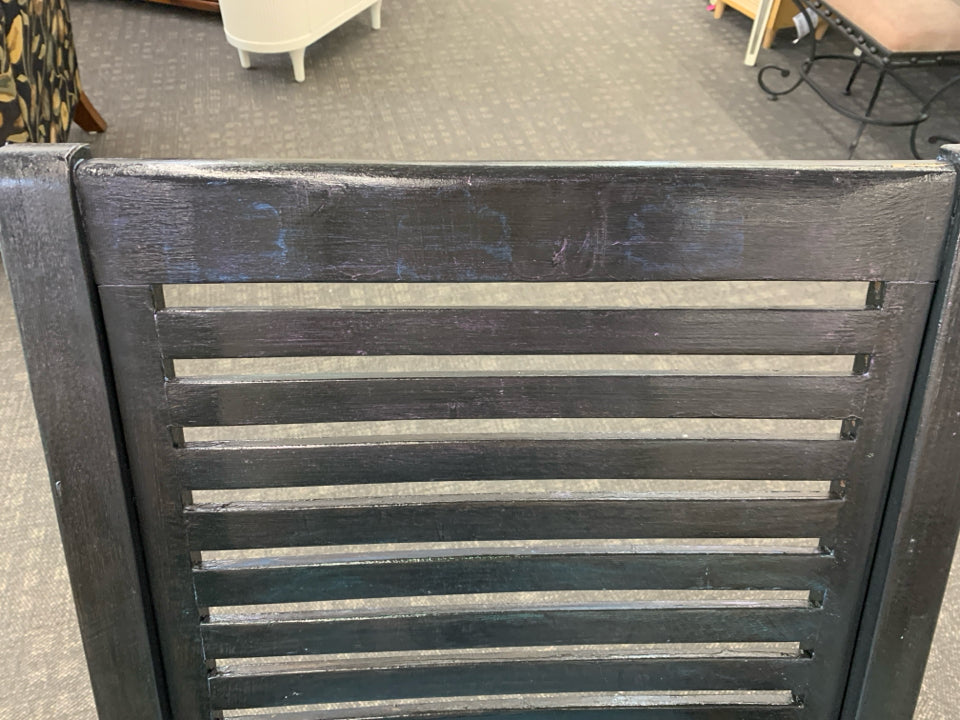 BLACK ROCKING CHAIR W TEAL CUSHION.