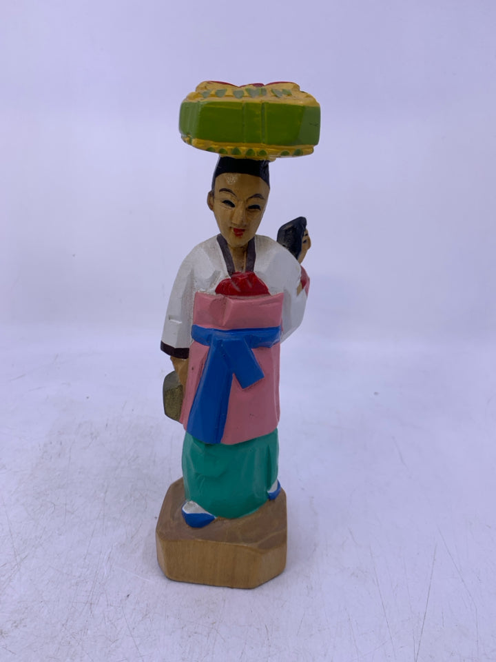 HAND CARVED PAINTED WOMAN HOLDING CHILD W/ BOX ON HEAD MADE IN KOREA.