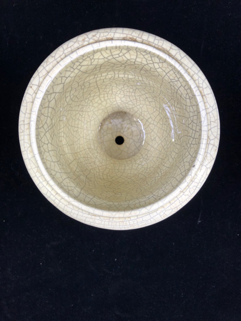 CREAM CRACKLE URN SHAPED VASE W EMBOSSED PATTERN.