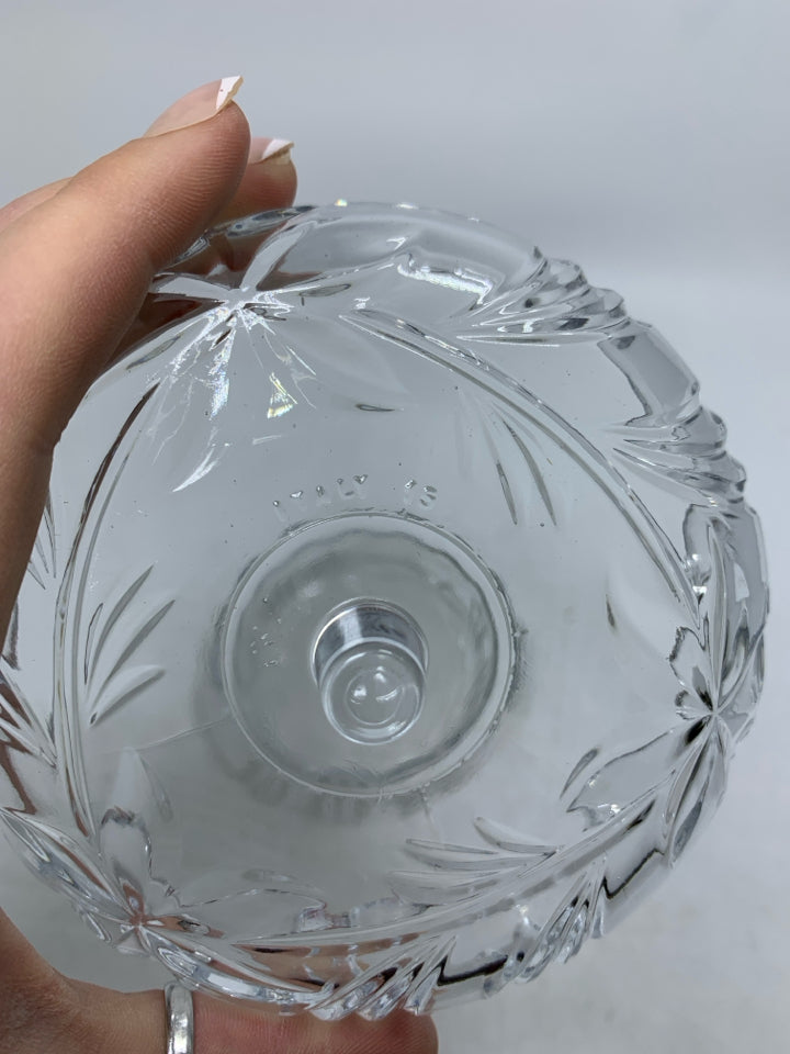 CLEAR GLASS APPLE SHAPED NUT BOWL W/ EMBOSSED FLOWERS.