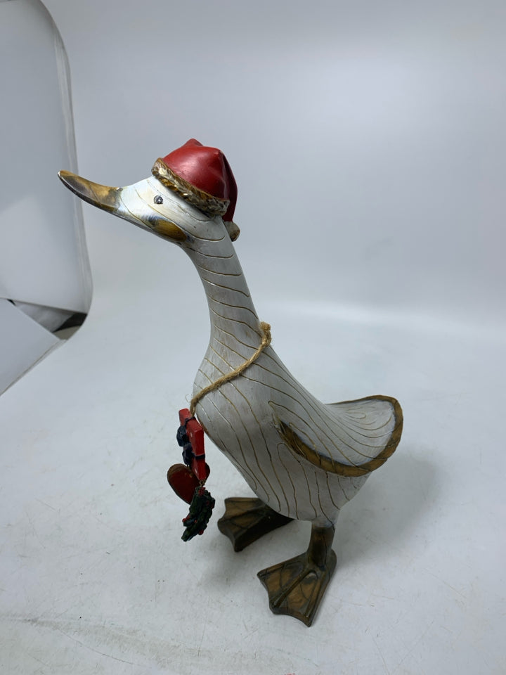 TII COLLECTIONS HOLIDAY RUSTIC RESIN DUCK W/ SANTA HAT/CHARMS.