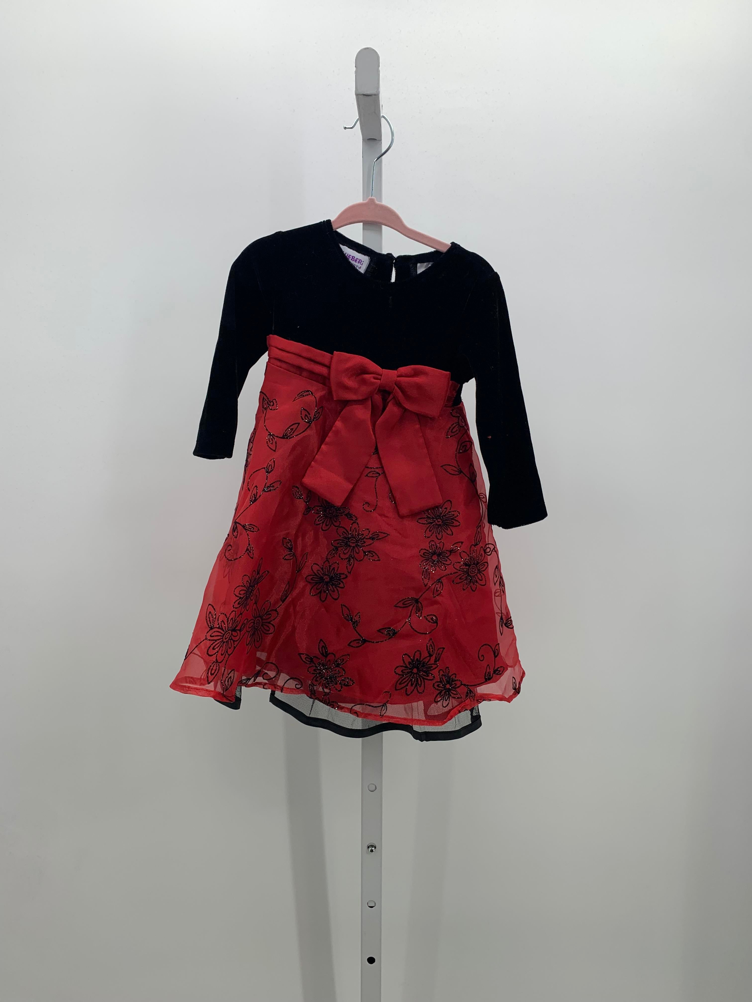 BLACK FLOWERS RED BOW LONG SLV DRESS
