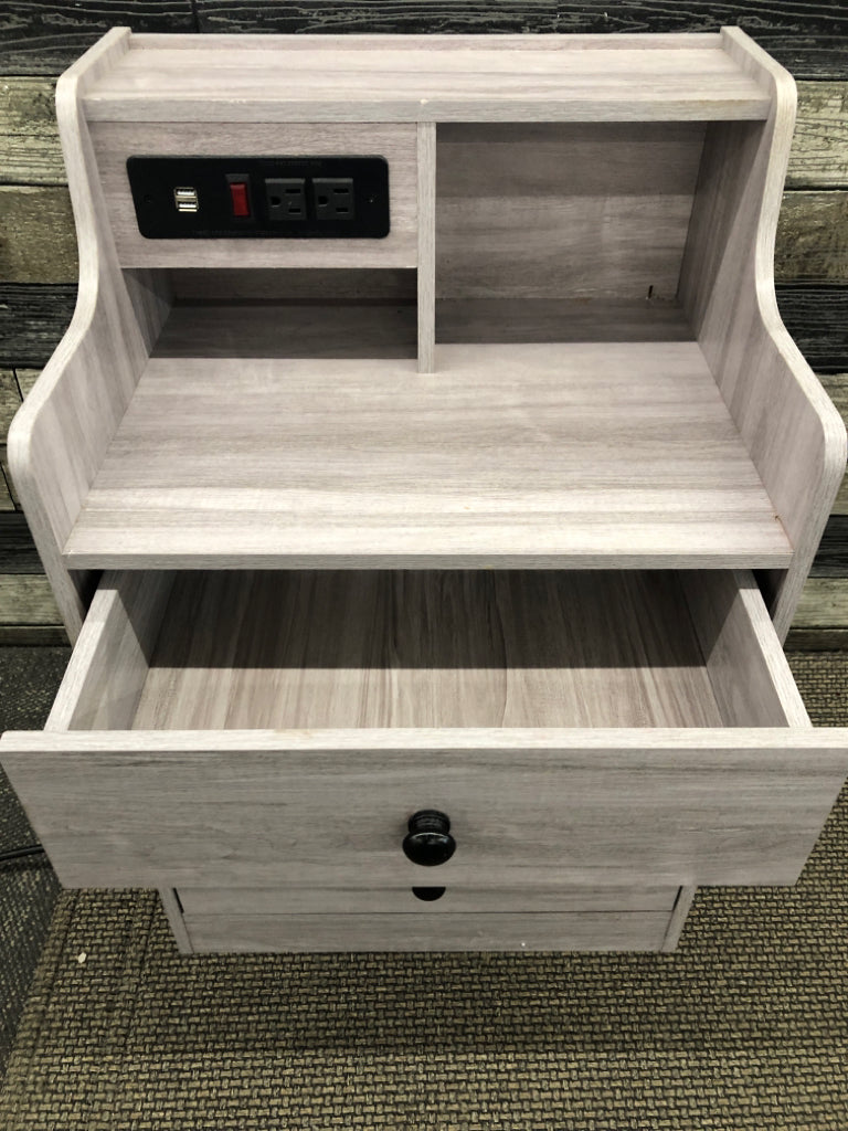 GREY WOOD 3DRAWER NIGHT STAND W/POWER OUTLETS USB PORT.