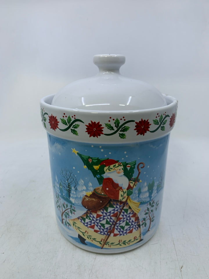 CERAMIC HEARTWOOD CREEK JIM SHORE SANTA CANISTER.