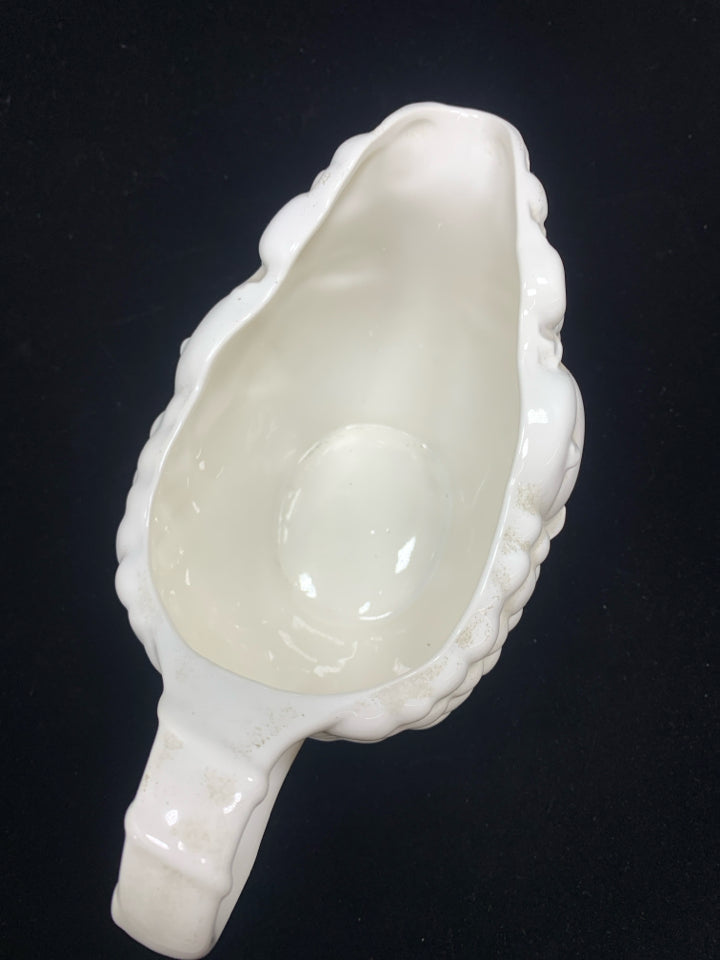 WHITE CERAMIC GRAVY BOAT W/EMBOSSED FRUIT.