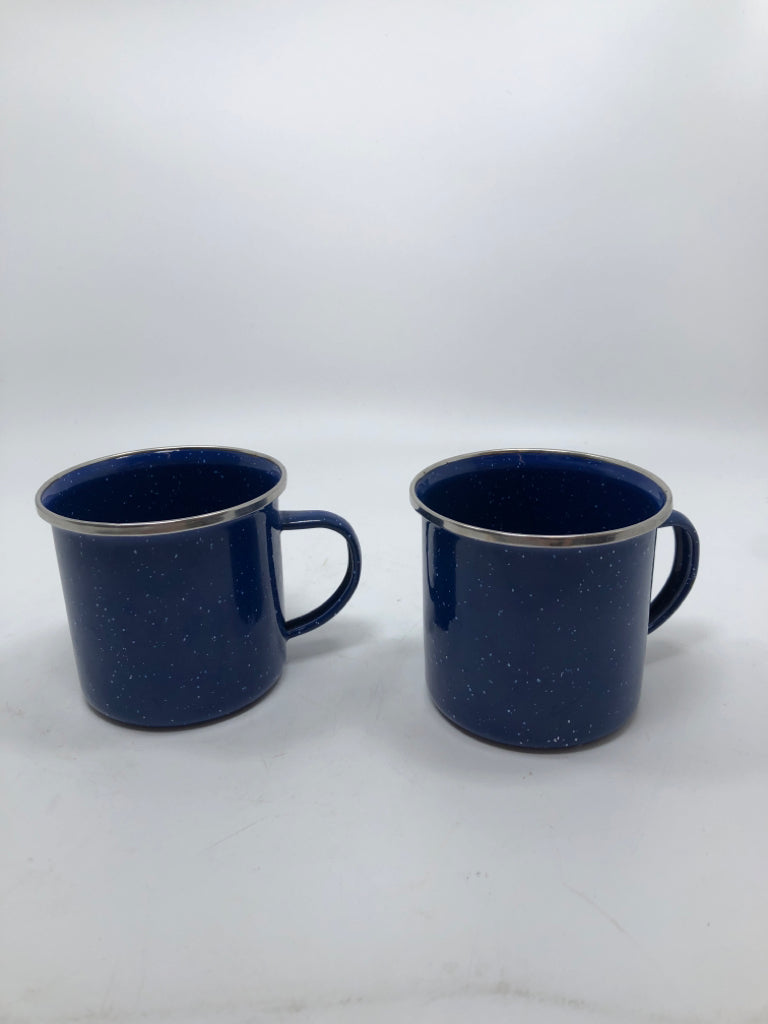 2 BLUE SPECKLED METAL MUGS.
