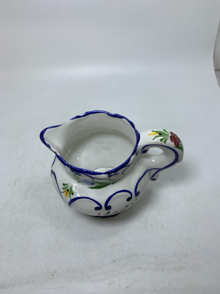 BLUE EDGES W/ FLORAL PITCHER MADE IN PORTUGAL.