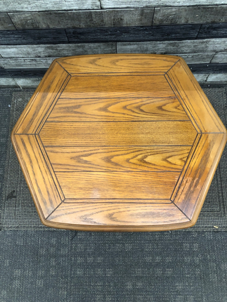 VTG OAK HEXAGONAL END TABLE.
