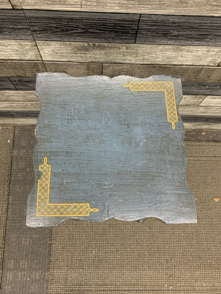 BLUE PAINTED SQUARE SIDE TABLE W/GOLD ACCENTS.