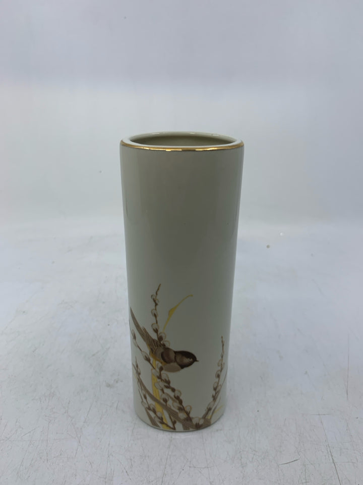 OVAL VASE W/ FINCH ON BRANCH GOLD RIM.