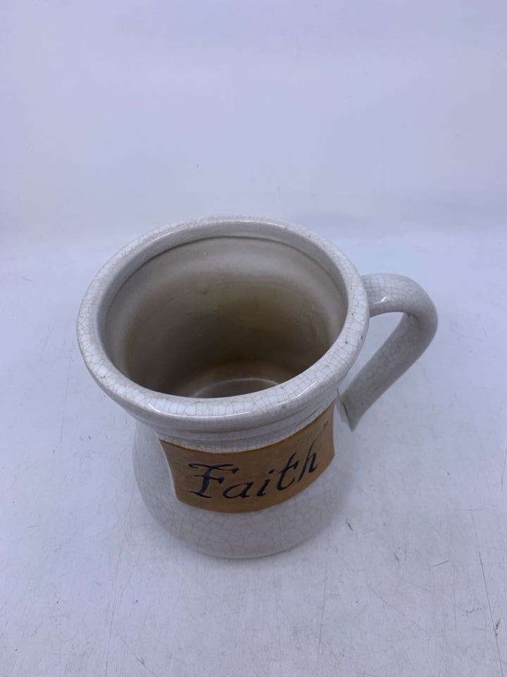 WHITE CRACKLE CERAMIC PITCHER FAITH.