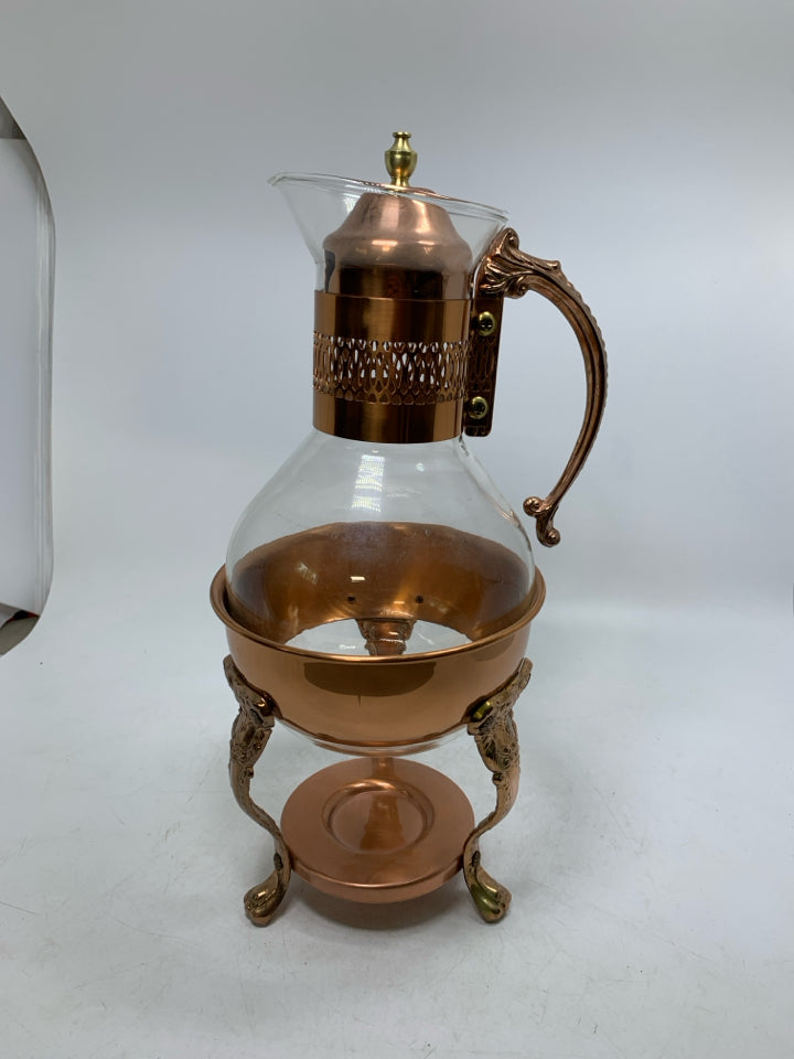 VTG GLASS + COPPER COFFEE POT WITH WARMING STAND.