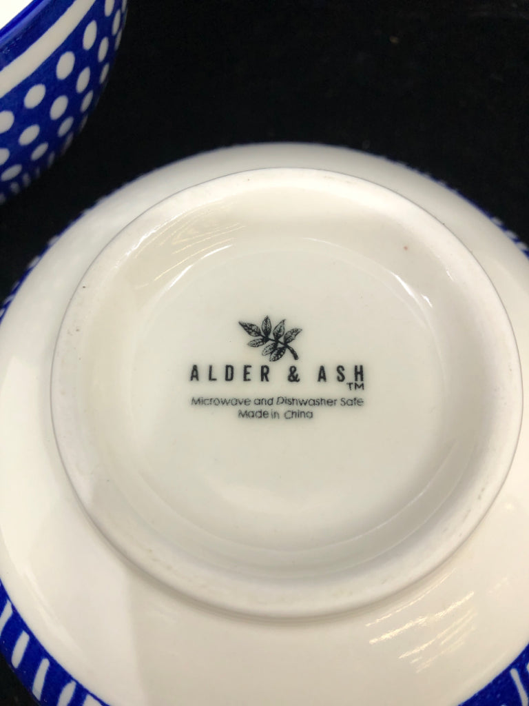 2 ALDER ASH BLUE/WHITE POLKA DOT BOWLS.