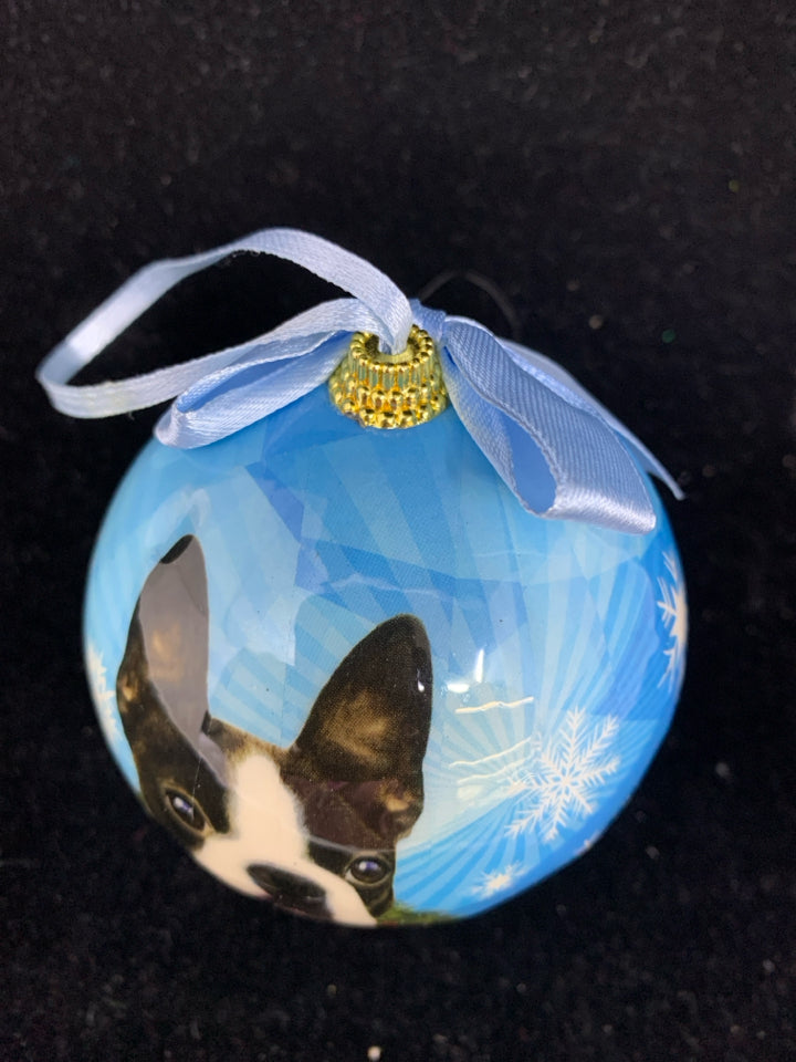 FRENCHIE ORNAMENT, BLUE BALL SNOWFLAKES.