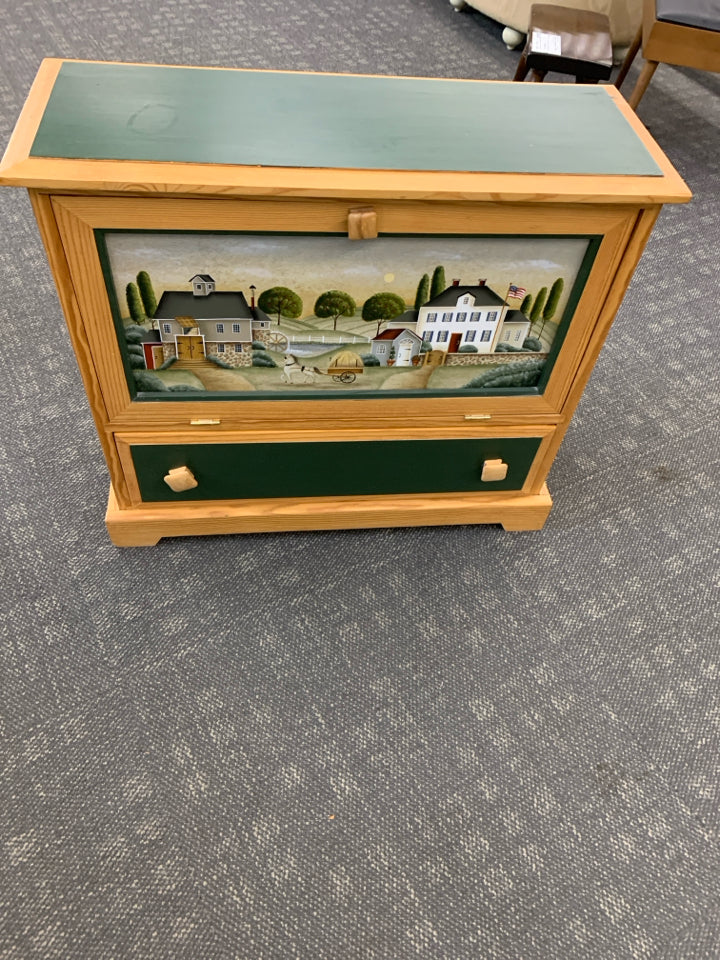 HAND-PAINTED GREEN & WOOD FOLK ART CABINET W/DRAWER.