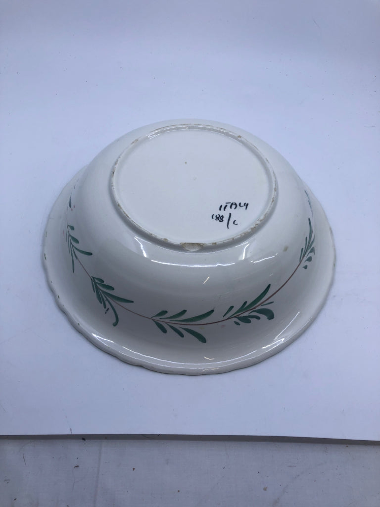 CERAMIC SERVING BOWL W/ EMBOSSED GRAPES,PEACH,PEAR GREEN RIM.