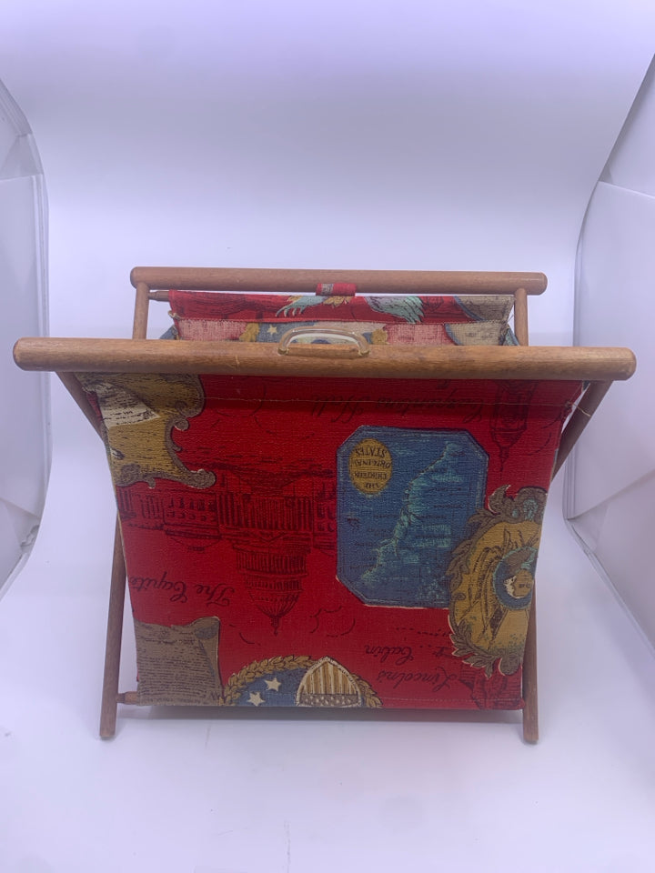 VTG FOLDING FABRIC SEWING BASKET- AMERICANA DECOR W/WOOD.