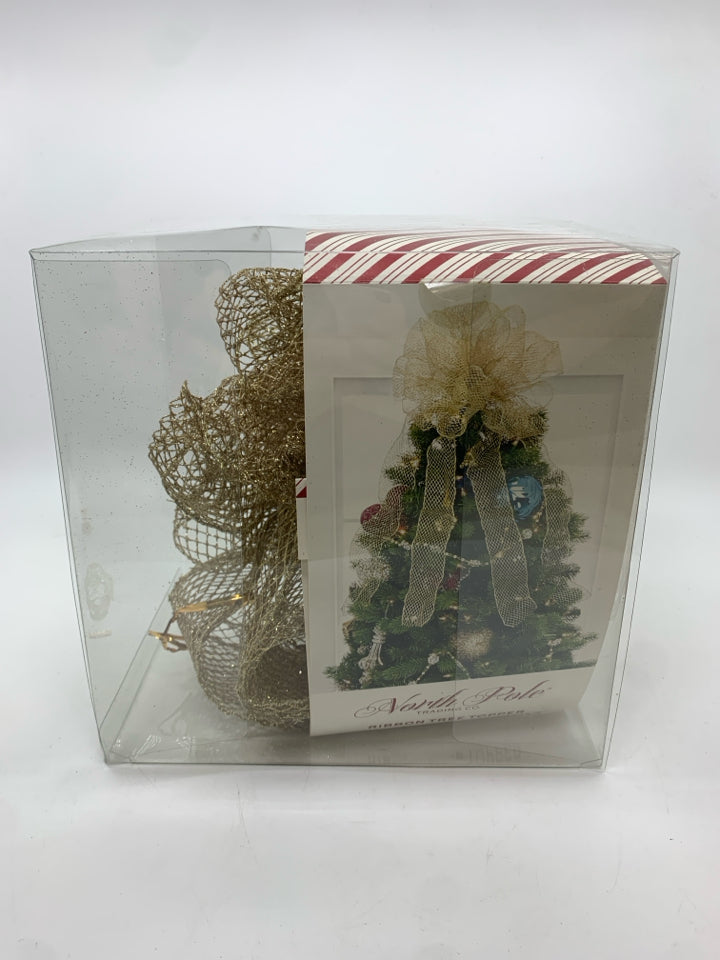 RIBBON GOLD GLITTER TREE TOPPER.