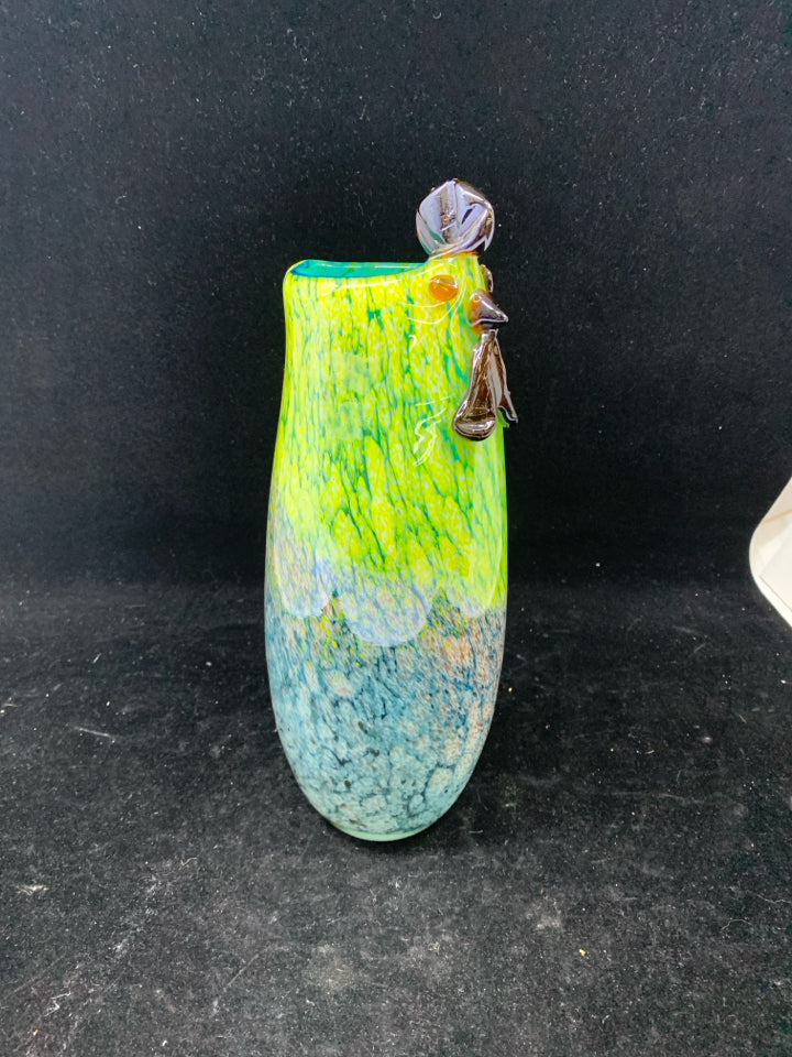 YELLOW,BLUE BLOWN GLASS ROOSTER VASE.