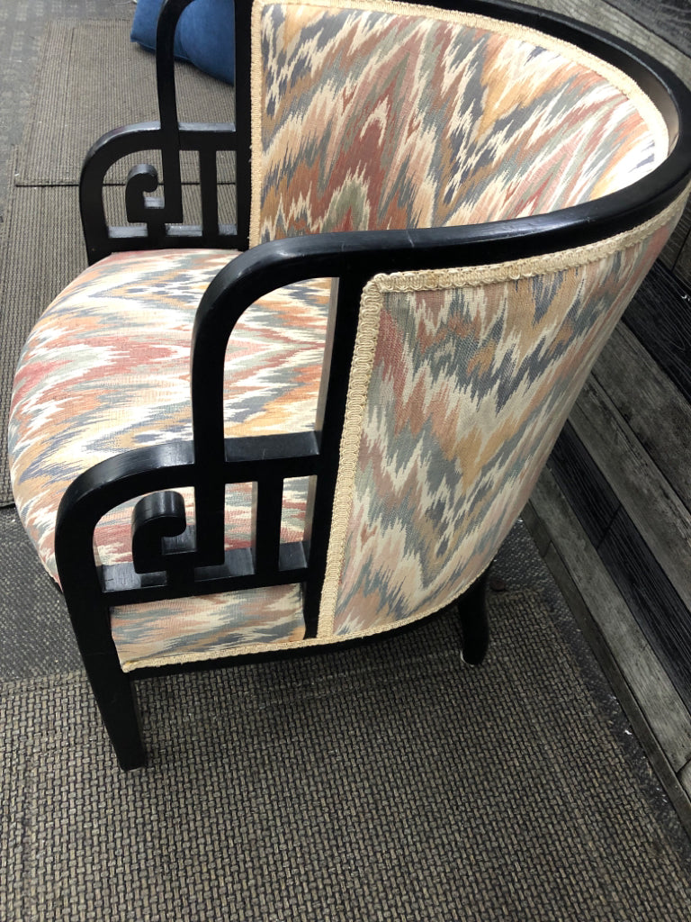 SHORT ROUND PASTEL UPHOLDERED W BLACK WOOD ACCENTS CHAIR.