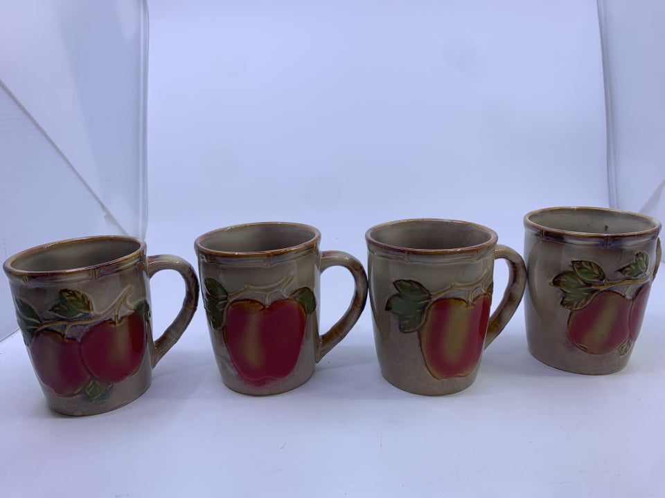 4 TAN CERAMIC EMBOSSED APPLES MUGS.