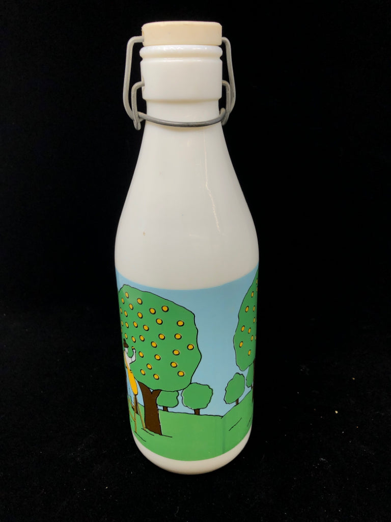 VTG WHITE MILK BOTTLE PAINTED ORCHARD W/STOPPER.