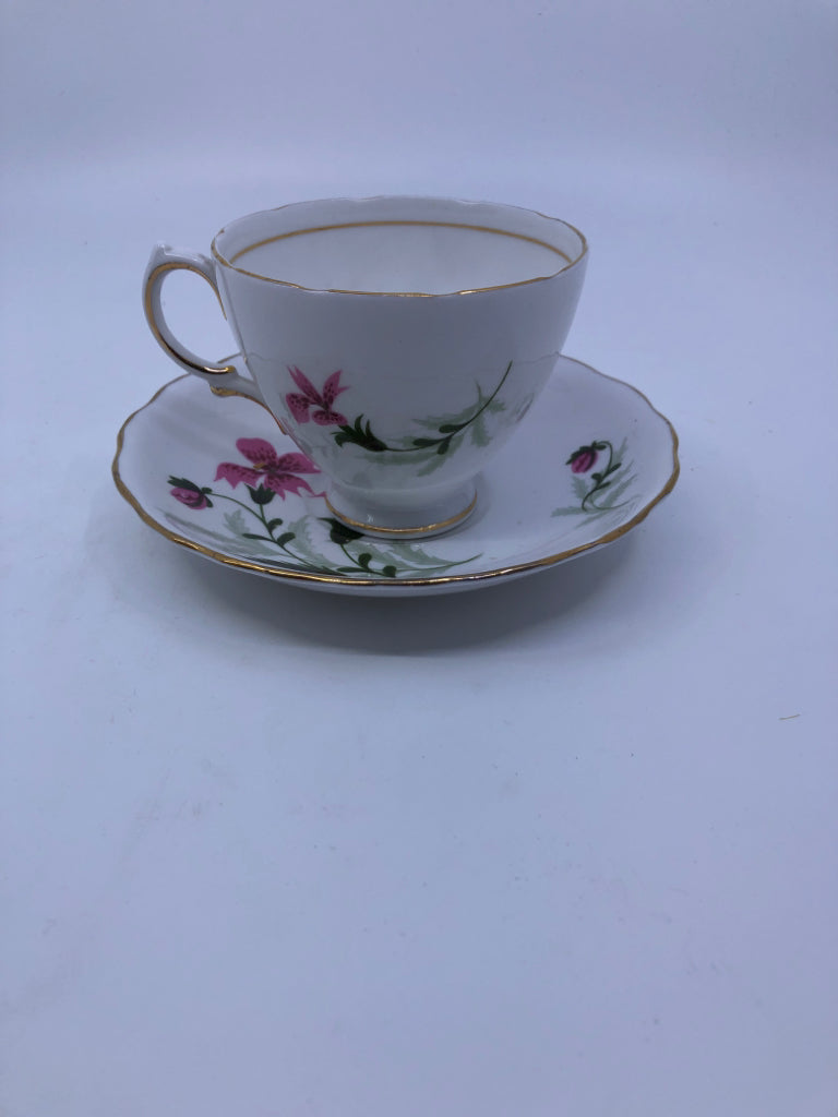 PINK FLORAL TEACUP AND SAUCER.