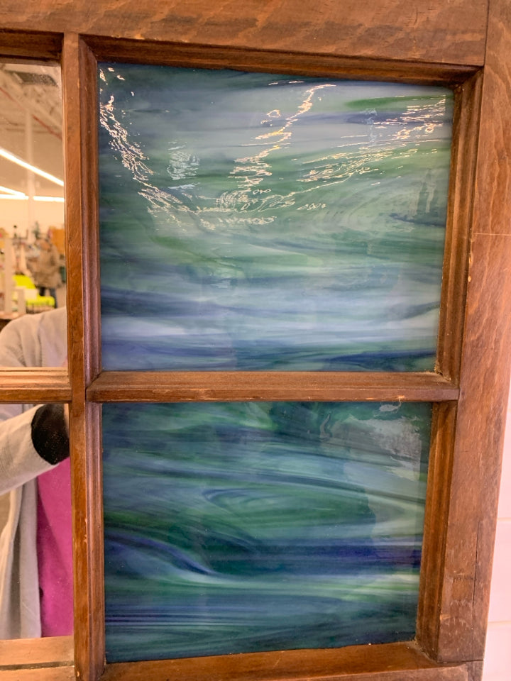 WOODEN MIRROR WINDOW-PANE W/BLUE&GREEN MARBLED GLASS.