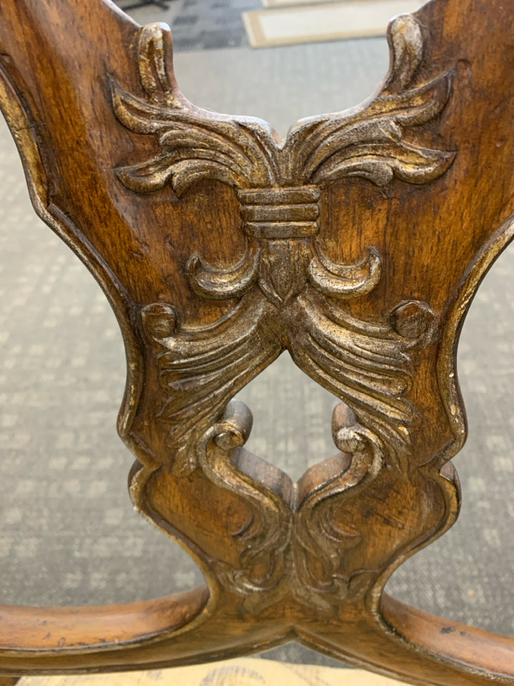 VTG CHIPPENDALE-STYLE CARVED WOOD ARMCHAIR W/CREAM&GOLD UPHOLSTERED SEAT.