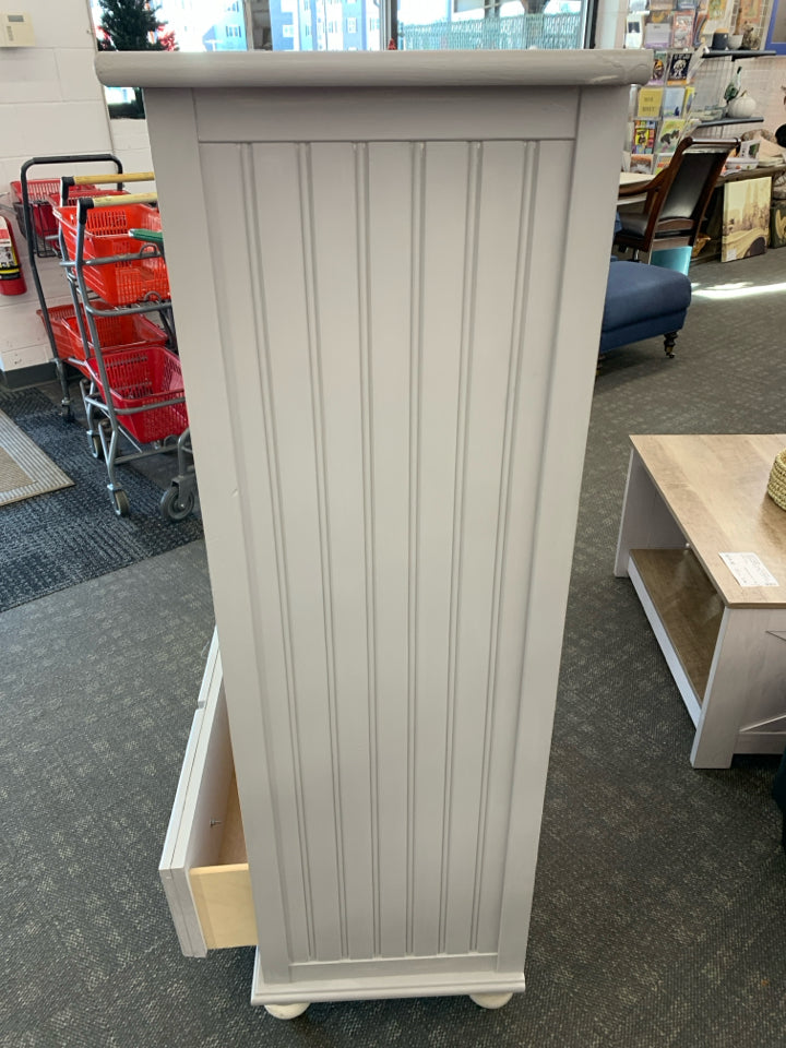 3-SHELF GRAY & WHITE CABINET W/SCALLOP TOP & 2 DRAWERS.