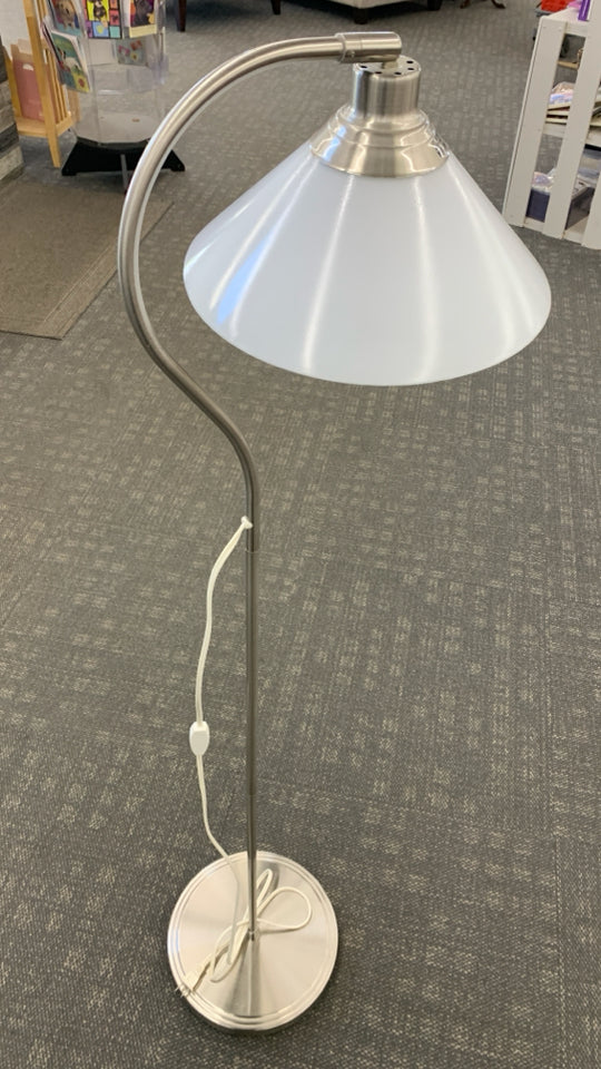 IKEA KROBY SILVER FLOOR LAMP W/WHITE GLASS SHADE.