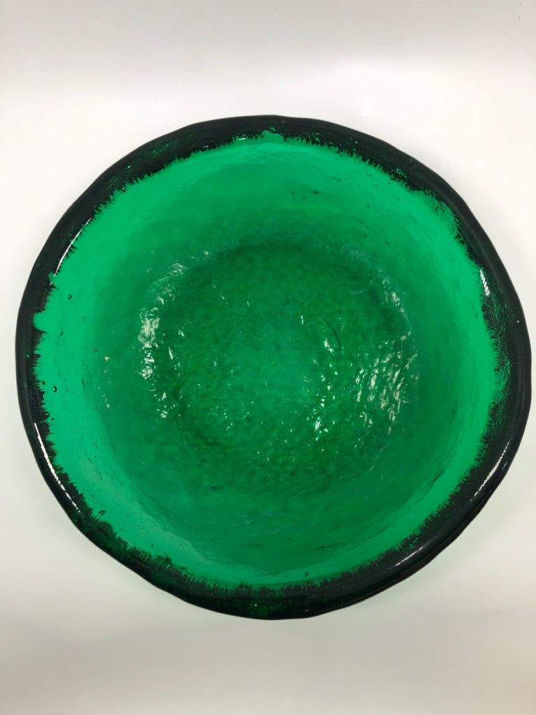 HEAVY GREEN GLASS CENTERPIECE BOWL.
