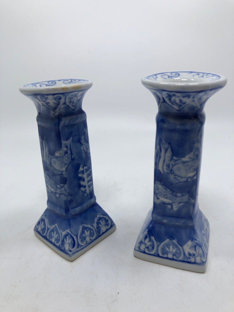 2 BLUE KOI FISH CANDLE STICKS.