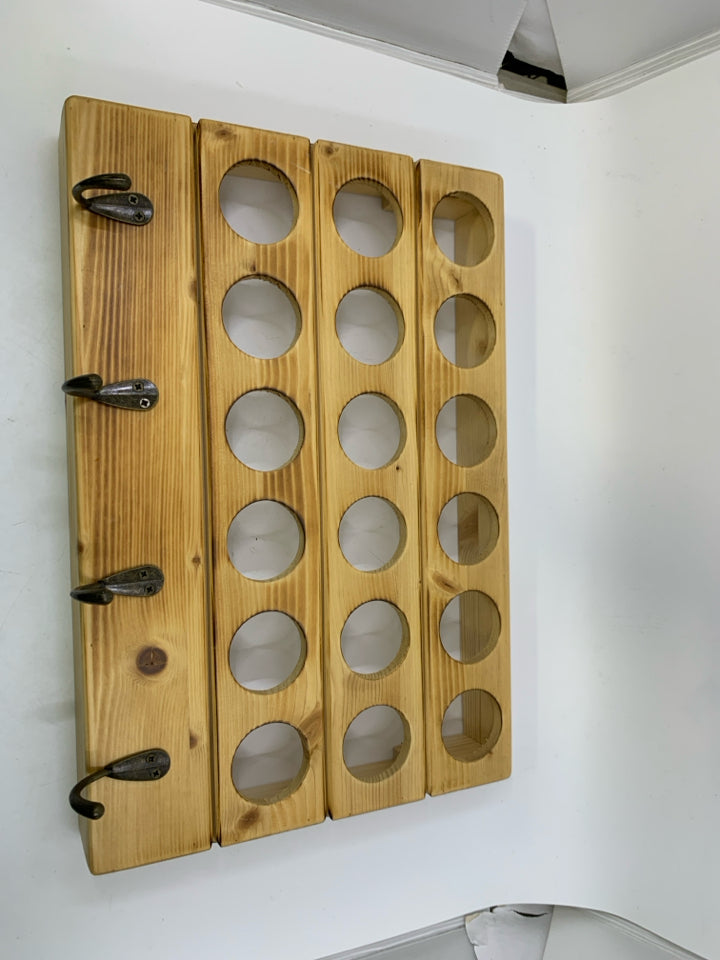 WOOD 18 SLOT SPICE RACK W/ HOOKS.