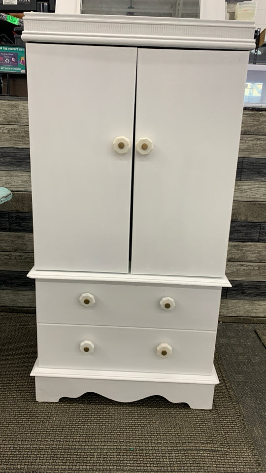 WHITE STORAGE JEWELRY ARMOIRE W/GREEN VELVET INTERIOR.
