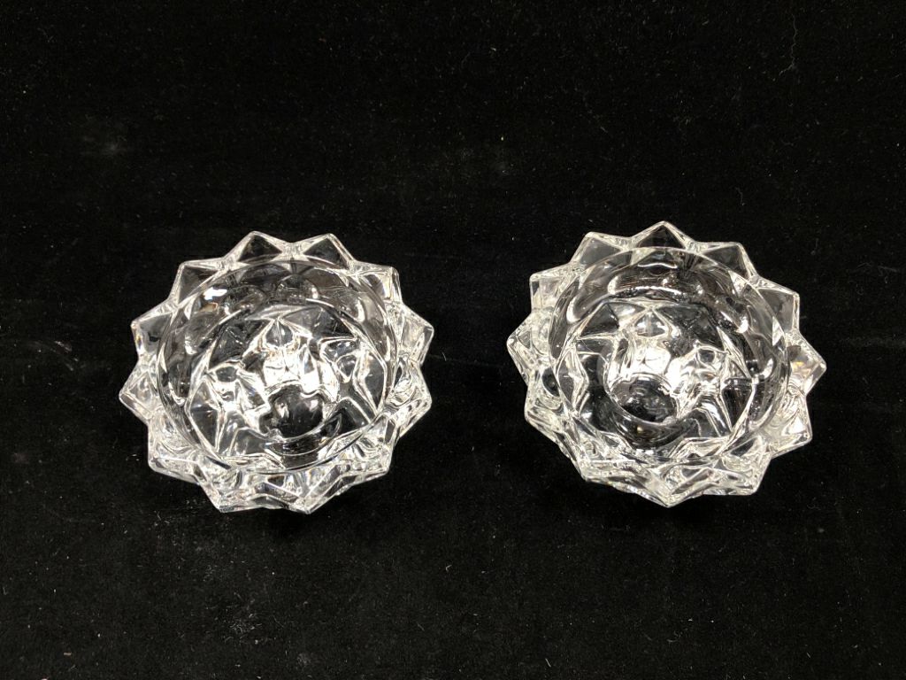2 FRENCH GLASS "ROCK CUT" SHAPED VOTIVE HOLDERS.