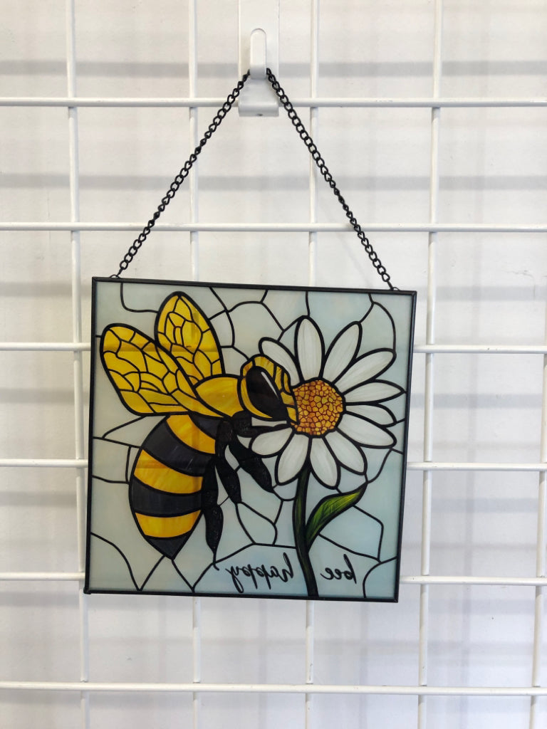 "BEE HAPPY" GLASS WALL HANGING.