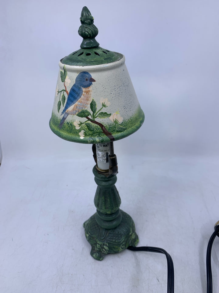 GREEN PAINTED METAL BASE LAMP W/ METAL SHADE PAINTED BLUE BIRD.