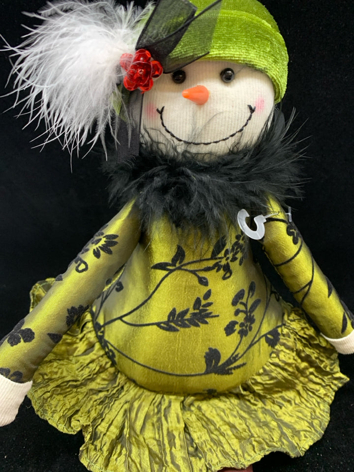 PLUSH LADY SNOWMAN SHELF SITTER GREEN DRESS.