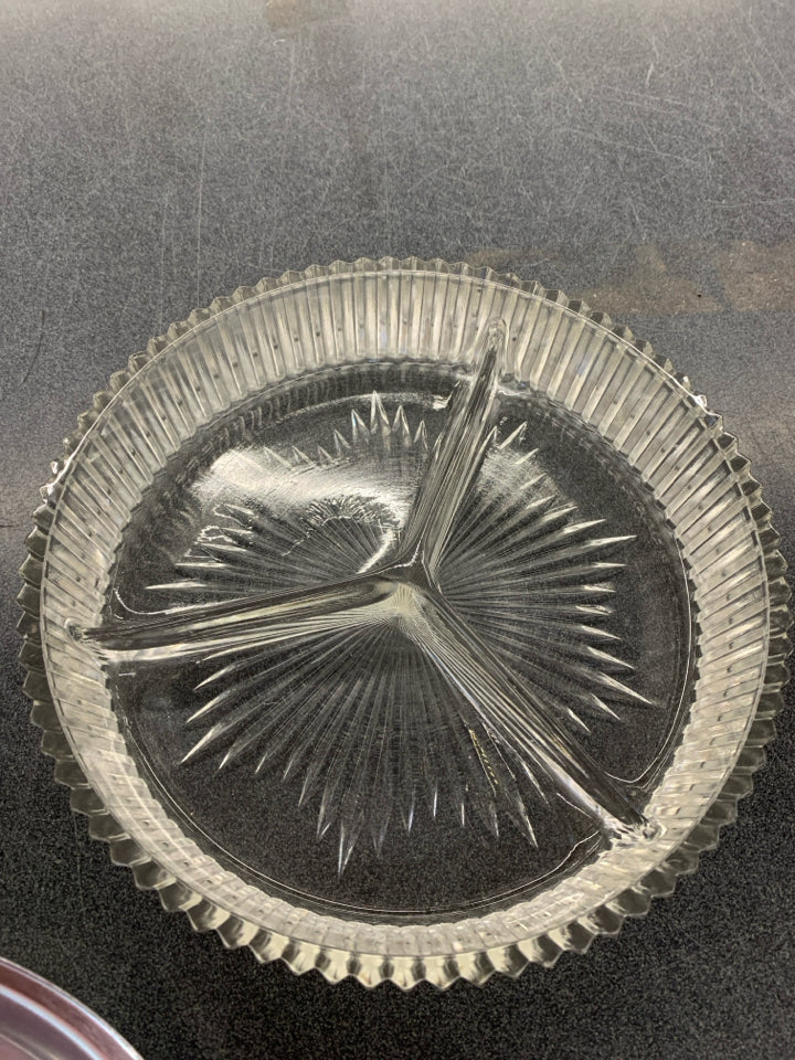 VTG DIVIDED ETCHED GLASS DISH W/SILVER LID.