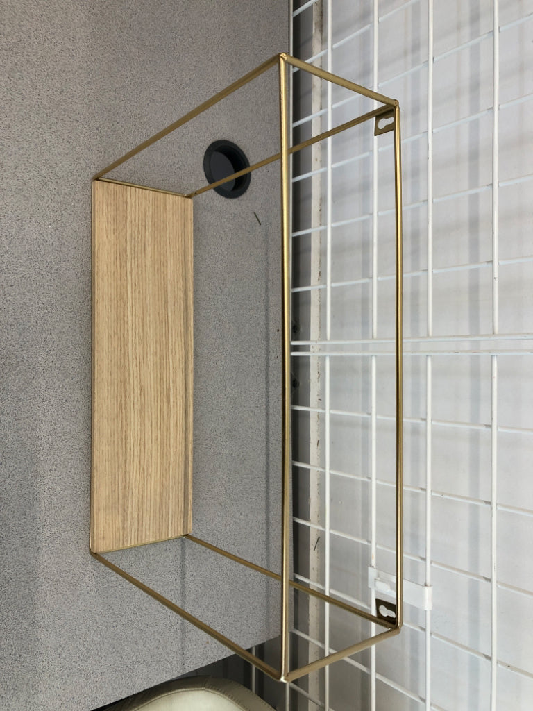2 GOLD SHELVES W/TAN WOOD BASE.