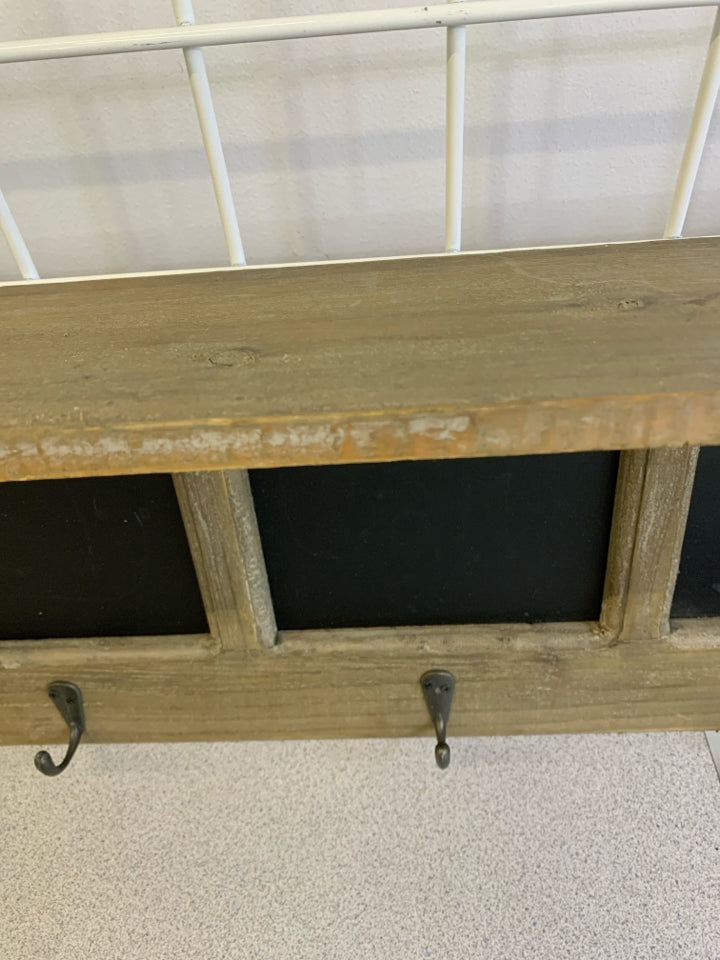 CHALKBOARD SHELF W/5 HOOKS & CHALKBOARD SLOTS WALL HANGING.