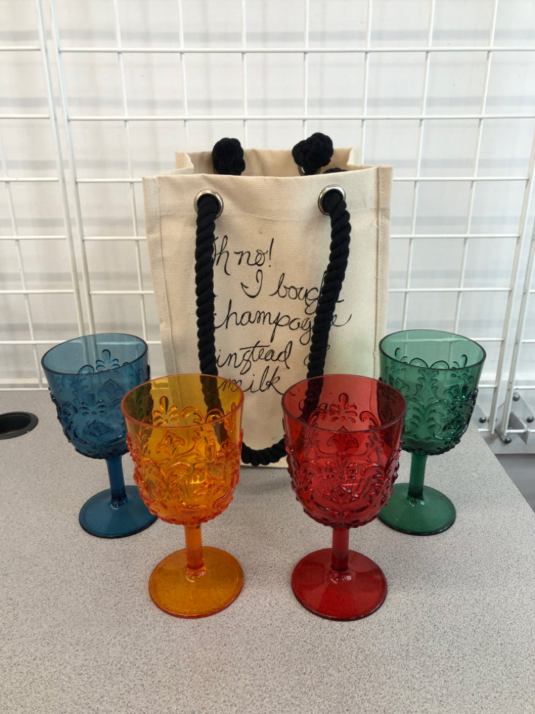 5 OH NO I BOUGHT CHAMPAGNE WINE BAG W/MUTICOLORED PLASTIC GLASSES.