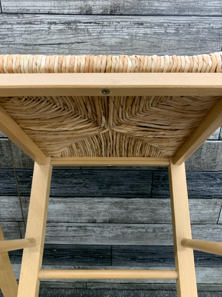 2 WOVEN SEAT SQUARE BAR STOOLS.