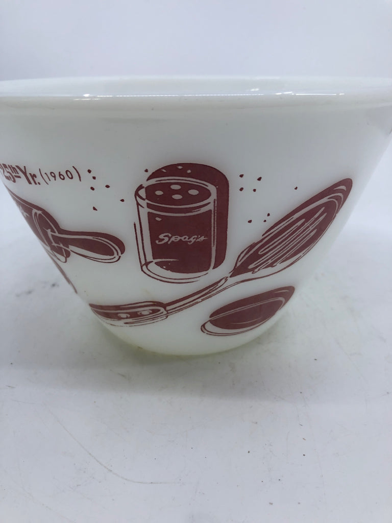 VTG 1960 25th ANNIVERSARYSPAG'S WHITE W/ ASSORTED MAROON KITCHEN UTENSILS.