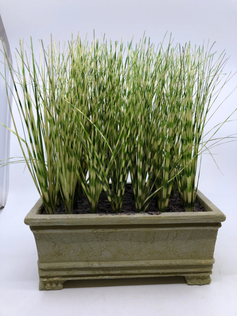 FAUX ZEBRA GRASS IN GREEN PLANTER.
