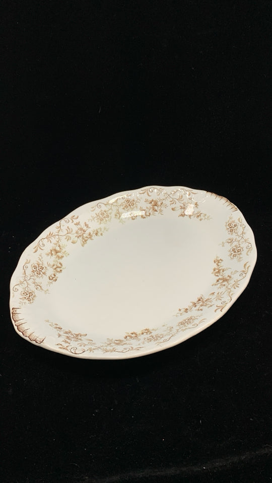 VTG OVAL CERAMIC PLATTER W/BROWN PAINTED FLORALS.