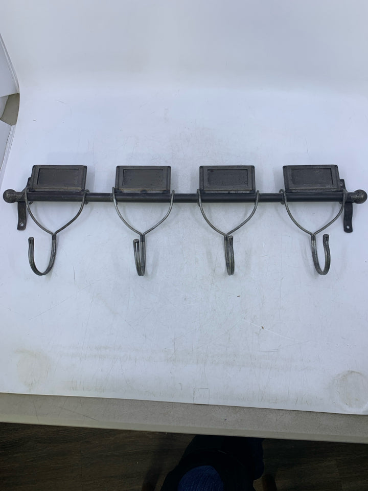 GALVANIZED 4 HOOK WALL HANGING W/ LABEL SLOTS.