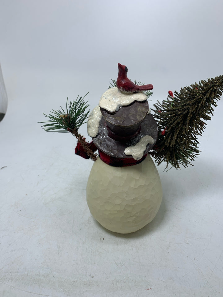 RESIN SNOWMAN HOLDING TREE CARDINAL ON HAT.